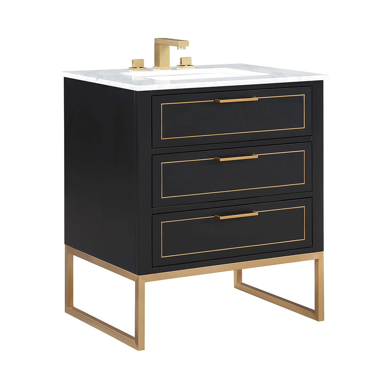 Markham 3 Drawers Bathroom Vanity with Carrara Marble Sink - Floor Mount - 30" Wood/Midnight Black/Satin Brass