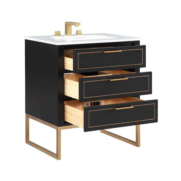 Markham 3 Drawers Bathroom Vanity with Carrara Marble Sink - Floor Mount - 30" Wood/Midnight Black/Satin Brass