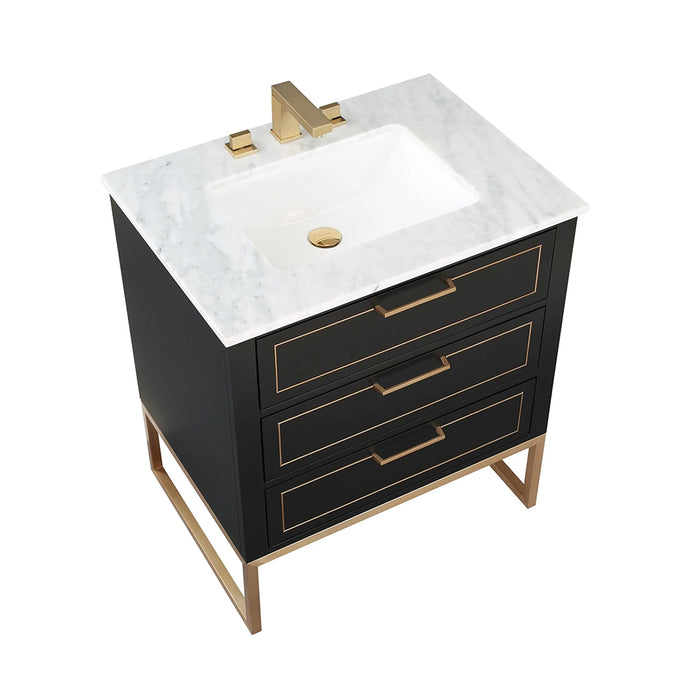 Markham 3 Drawers Bathroom Vanity with Carrara Marble Sink - Floor Mount - 30" Wood/Midnight Black/Satin Brass