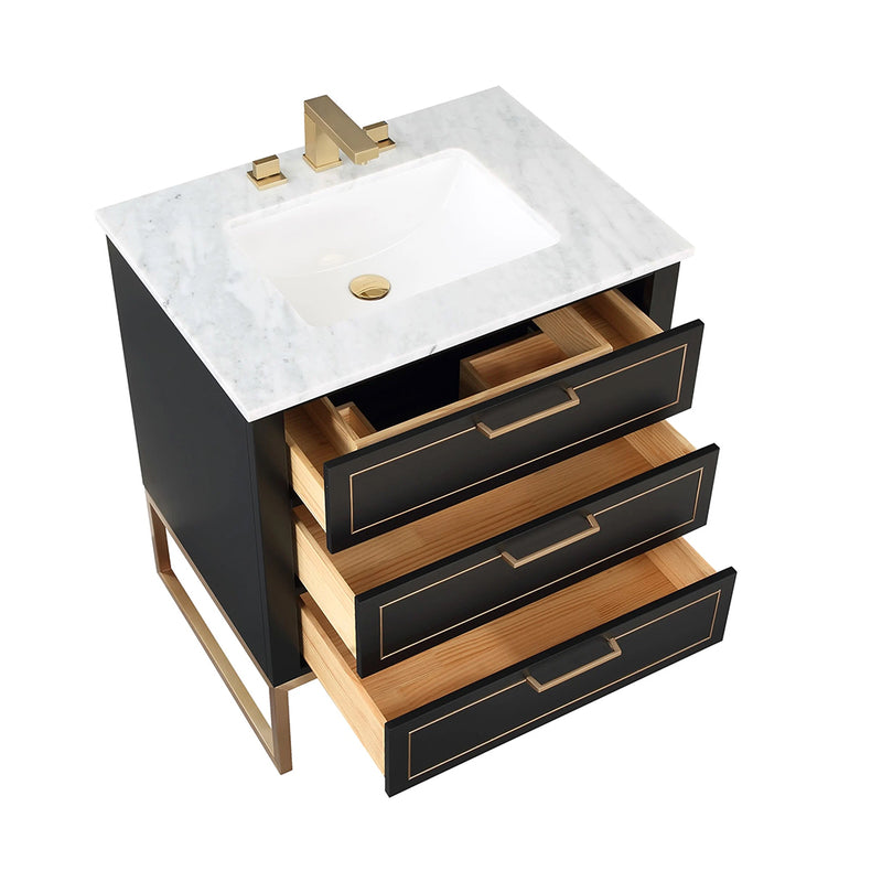 Markham 3 Drawers Bathroom Vanity with Carrara Marble Sink - Floor Mount - 30" Wood/Midnight Black/Satin Brass