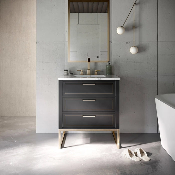 Markham 3 Drawers Bathroom Vanity with Carrara Marble Sink - Floor Mount - 30" Wood/Midnight Black/Satin Brass