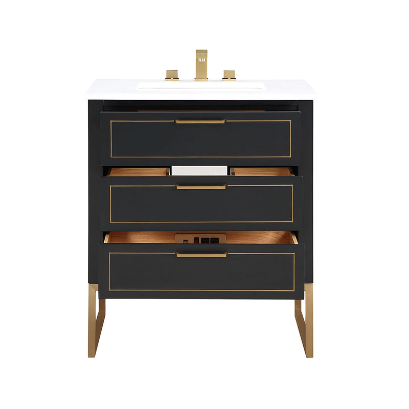 Markham 3 Drawers Bathroom Vanity with Quartz Sink - Floor Mount - 30" Wood/Midnight Black/Satin Brass