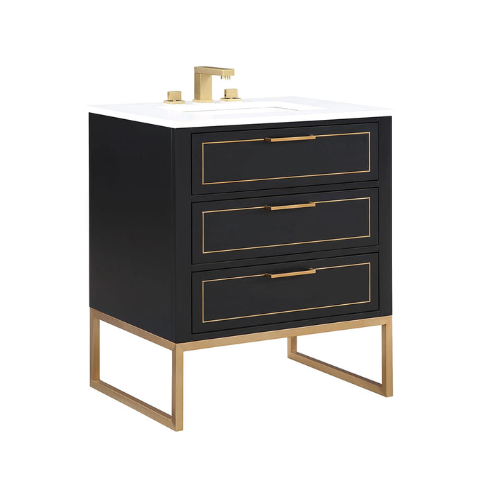 Markham 3 Drawers Bathroom Vanity with Quartz Sink - Floor Mount - 30" Wood/Midnight Black/Satin Brass