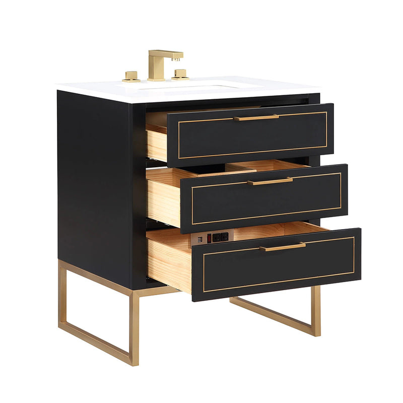 Markham 3 Drawers Bathroom Vanity with Quartz Sink - Floor Mount - 30" Wood/Midnight Black/Satin Brass