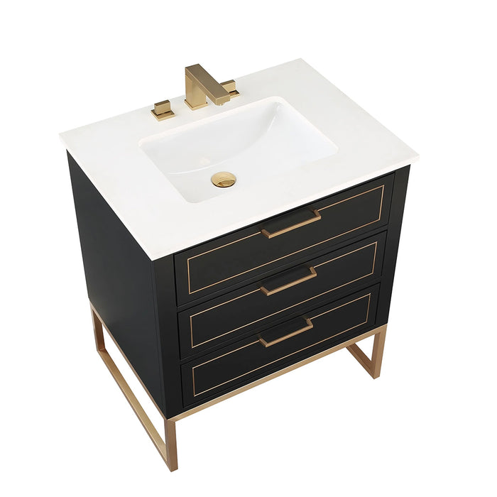 Markham 3 Drawers Bathroom Vanity with Quartz Sink - Floor Mount - 30" Wood/Midnight Black/Satin Brass