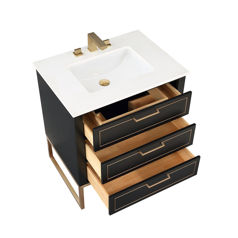Markham 3 Drawers Bathroom Vanity with Quartz Sink - Floor Mount - 30" Wood/Midnight Black/Satin Brass