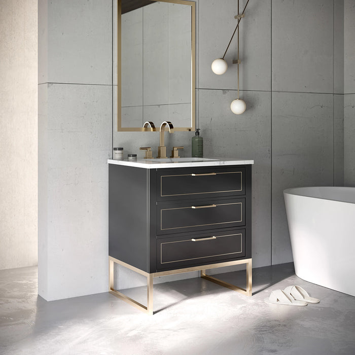 Markham 3 Drawers Bathroom Vanity with Quartz Sink - Floor Mount - 30" Wood/Midnight Black/Satin Brass