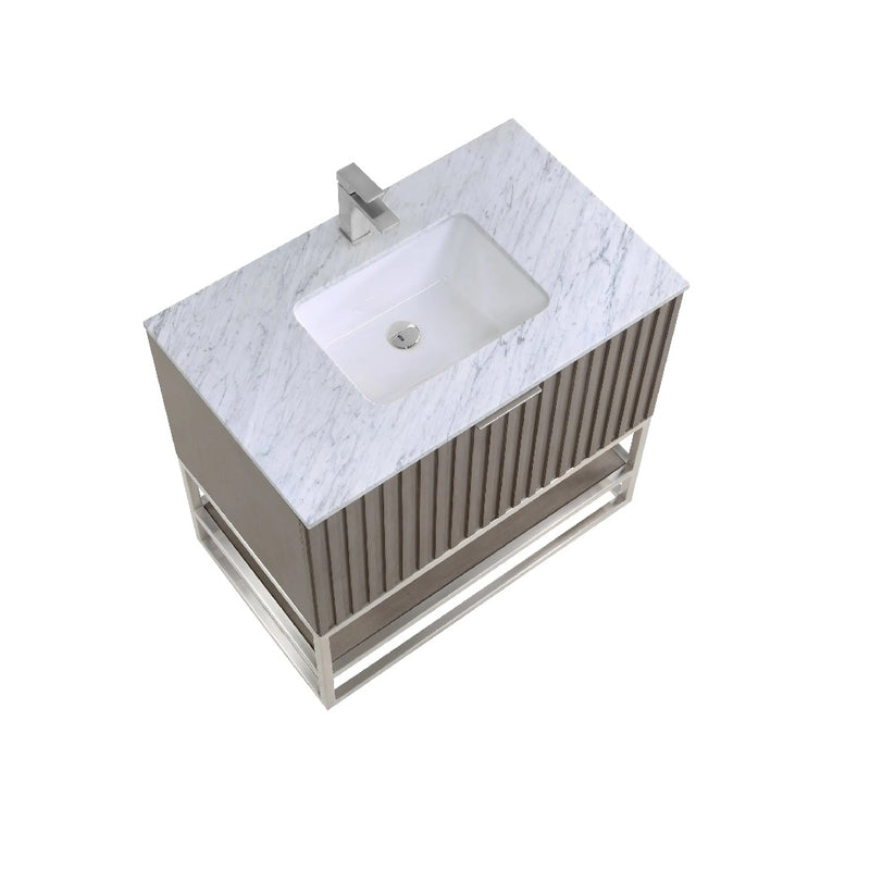 Terra 2 Drawers Bathroom Vanity with Carrara Marble Sink - Floor Mount - 36" Wood/Cashmere Grey/Brushed Nickel