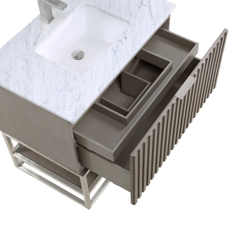 Terra 2 Drawers Bathroom Vanity with Carrara Marble Sink - Floor Mount - 36" Wood/Cashmere Grey/Brushed Nickel