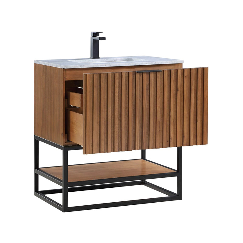 Terra 2 Drawers Bathroom Vanity with Carrara Marble Sink - Floor Mount - 30" Wood/Walnut/Matt Black