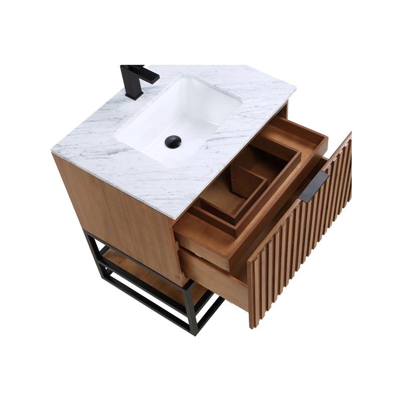 Terra 2 Drawers Bathroom Vanity with Carrara Marble Sink - Floor Mount - 30" Wood/Walnut/Matt Black