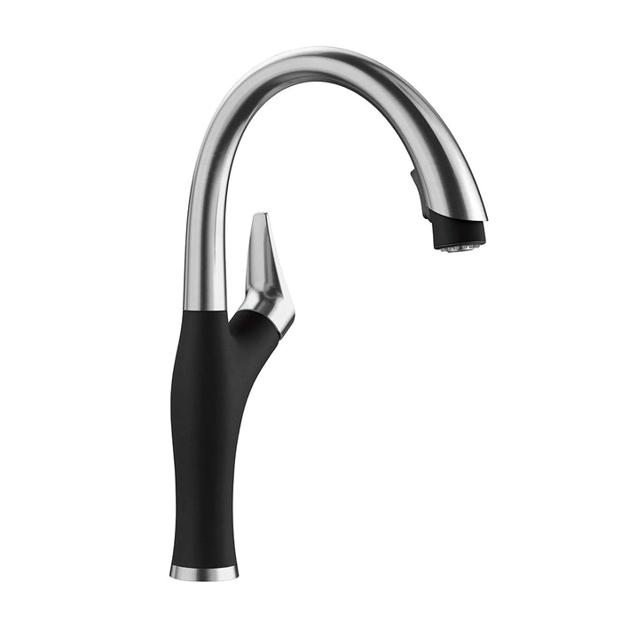 Artona Pull Out Kitchen Faucet - High Single Hole - 9" Brass/Steel/Coal Black