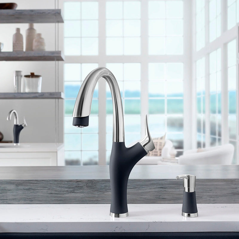 Artona Pull Out Kitchen Faucet - High Single Hole - 9" Brass/Steel/Coal Black