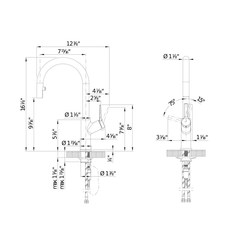 Urbena Pull Down Kitchen Faucet - Single Hole - 8" Brass/Chrome/Coal Black