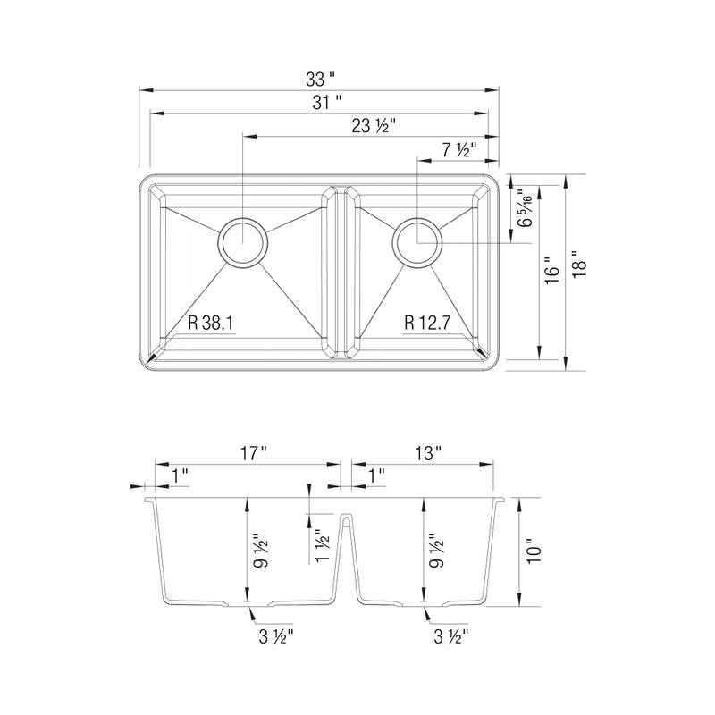Precis 1 3/4 Double Bowl Kitchen Sink - Under Mount - 33" Granite Composite/Coal Black