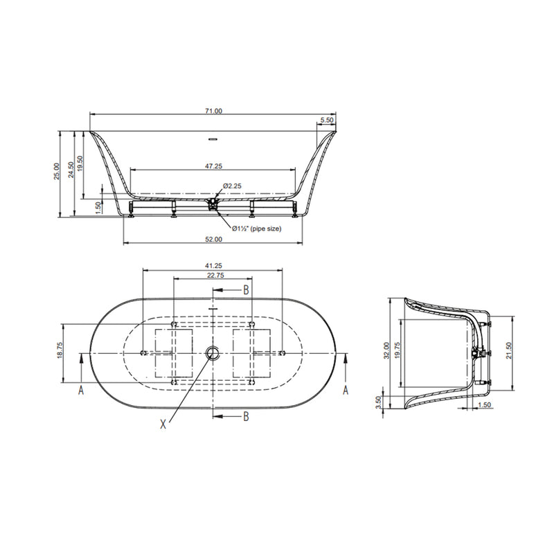 Iris Oval Bathtub - Free Standing - 71" Solid Surface/White