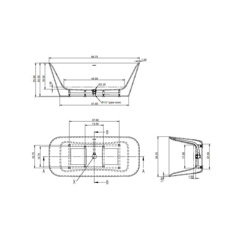 Lumi Rectangular Bathtub - Free Standing - 67" Solid Surface/White
