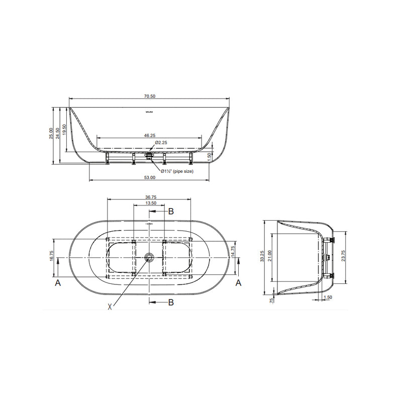 Malene 70 Oval Bathtub - Free Standing - 70" Solid Surface/White