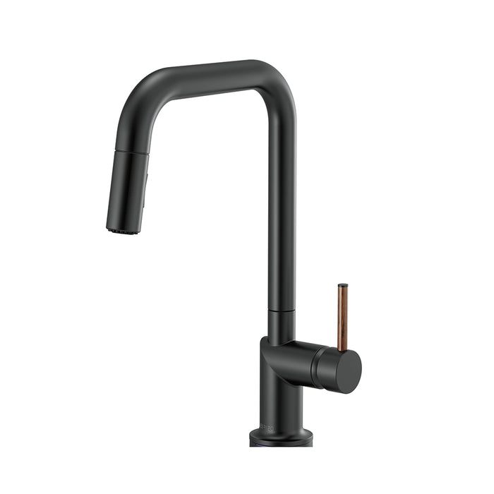 Odin Wood Lever Handle Pull Out Kitchen Faucet - Single Hole - 15" Brass/Matt Black