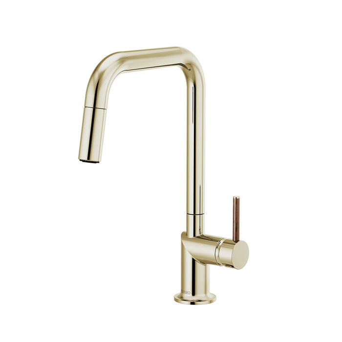 Odin Wood Lever Handle Pull Out Kitchen Faucet - Single Hole - 15" Brass/Polished Nickel
