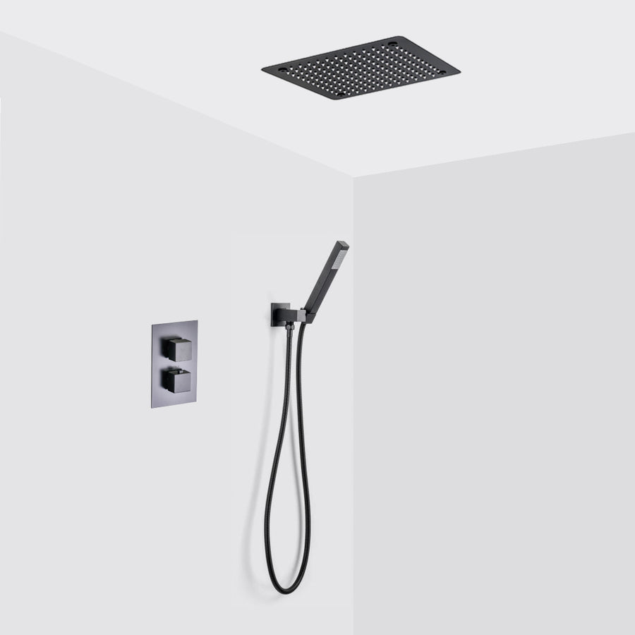 Devon 2-3 Way Shower Set With Hand Shower Set - Flush Mount - 12" Brass/Matt Black