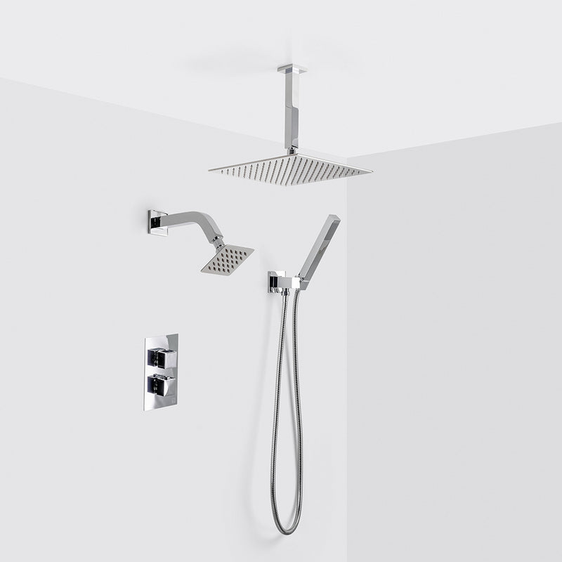 Devon 3 Way Thermostatic Complete Shower Set: 12" Ceiling & 4" Wall Mount Shower Heads with Handheld - Brass/Polished Chrome