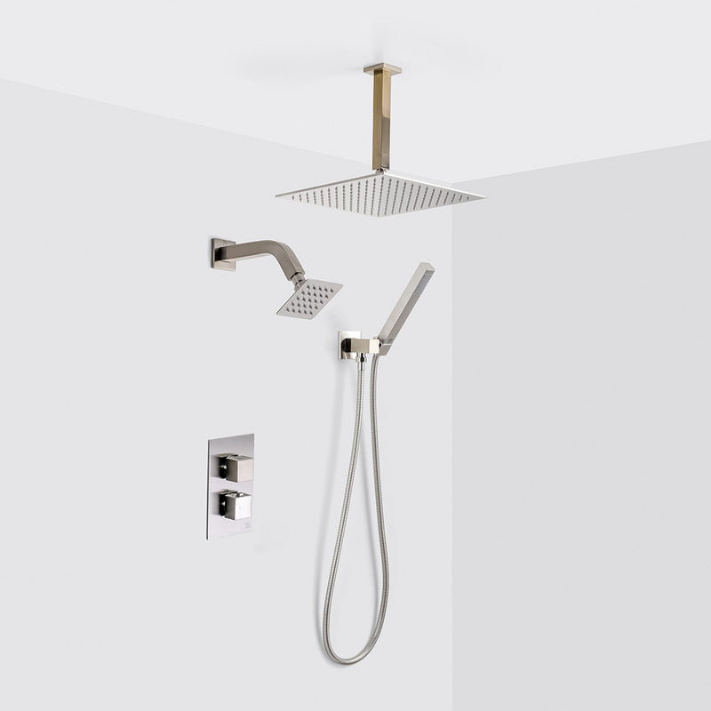 Devon 3 Way Thermostatic Complete Shower Set: 12" Ceiling & 4" Wall Mount Shower Heads with Handheld - Brass/Brushed Nickel