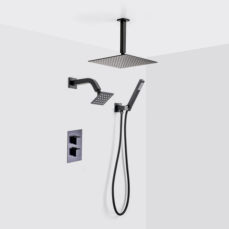 Devon 3 Way Thermostatic Complete Shower Set: 12" Ceiling & 4" Wall Mount Shower Heads with Handheld - Brass/Matt Black