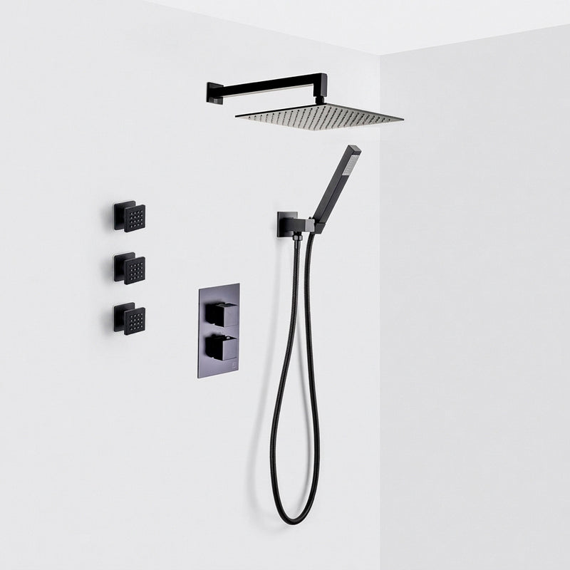 Devon 3 Way Thermostatic Complete Shower Set - Wall Mount - 12" Brass/Matt Black