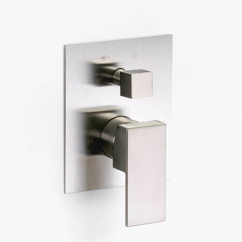 A modern wall-mounted shower valve trim with a brushed nickel finish, featuring a square lever handle and a matching square adjustment knob on a square backplate.