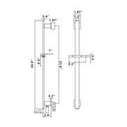 Technical drawing of a shower system with dimensions labeled