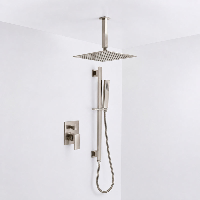 Devon 2 Way Pressure Balance Complete Shower Set - Ceiling Mount - 12" Brass/Brushed Nickel