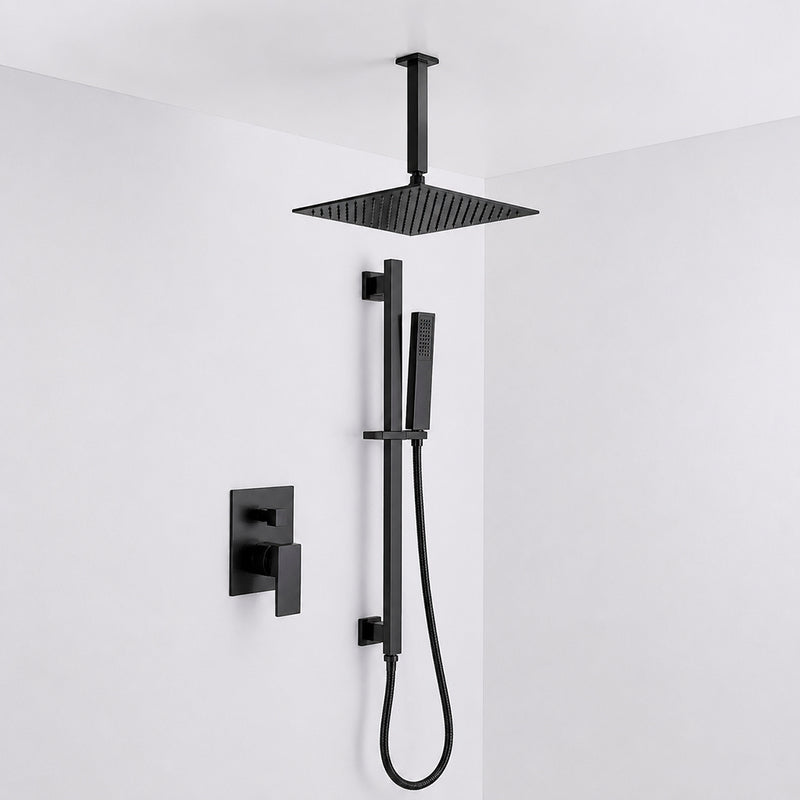 Devon 2 Way Pressure Balance Complete Shower Set - Ceiling Mount - 12" Brass/Matt Black