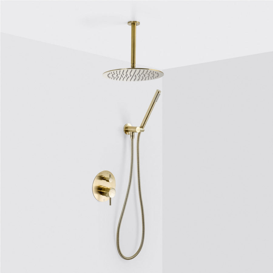 Metro 2-Way Pressure Balance Trim Complete Shower Set - Ceiling Mount - 12" Brass/Satin Brass