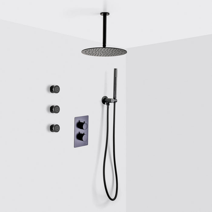 Metro 3-Way Thermostatic Trim Complete Shower Set - Ceiling Mount - 12" Brass/Matt Black