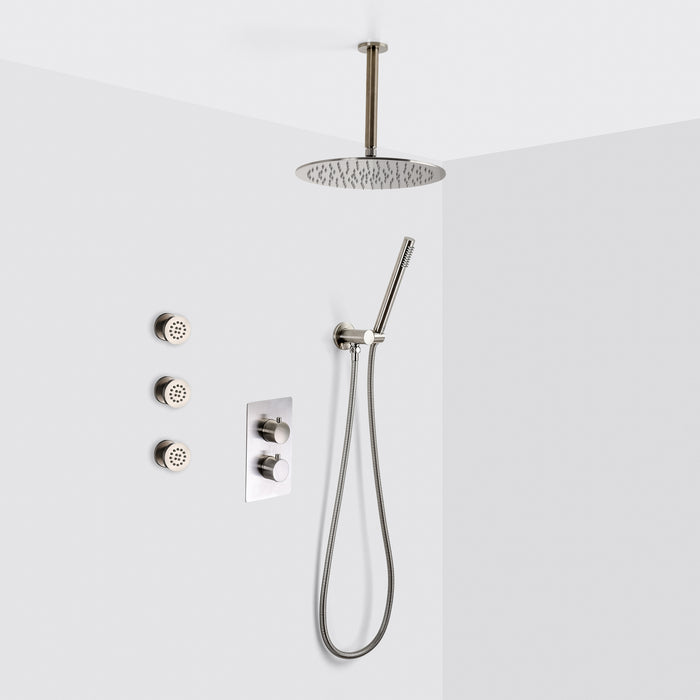 Metro 3-Way Thermostatic Trim Complete Shower Set - Ceiling Mount - 12" Brass/Brushed Nickel