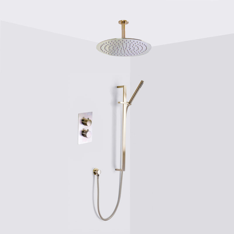 Metro 2-3 Way Thermostatic Trim Complete Shower Set - Ceiling Mount - 12" Brass/Polished Nickel