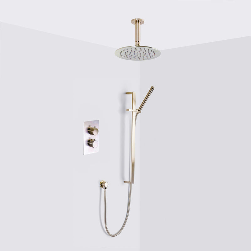 Metro 2-3 Way Thermostatic Trim Complete Shower Set - Ceiling Mount - 8" Brass/Polished Nickel