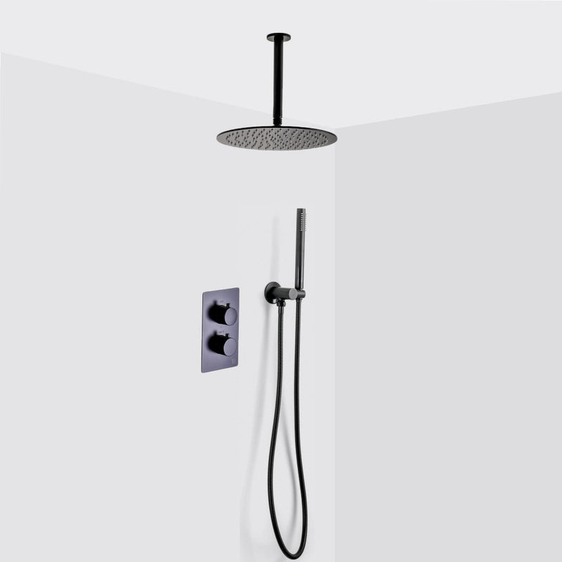 Metro 2-3 Way Thermostatic Trim Complete Shower Set - Ceiling Mount - 12" Brass/Matt Black