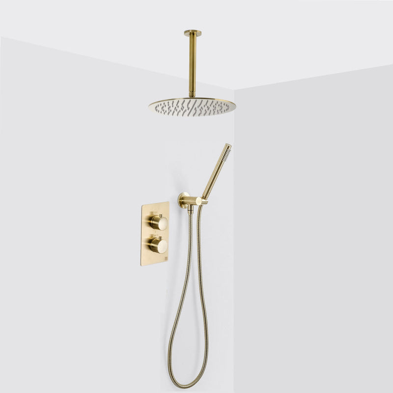 Metro 2-3 Way Thermostatic Trim Complete Shower Set - Ceiling Mount - 12" Brass/Satin Brass