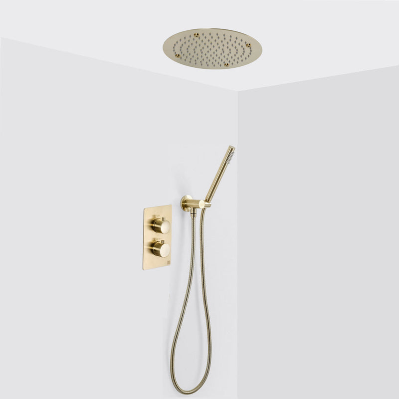 Metro 2-3 Way Thermostatic Trim Complete Shower Set - Ceiling Mount - 12" Brass/Satin Brass