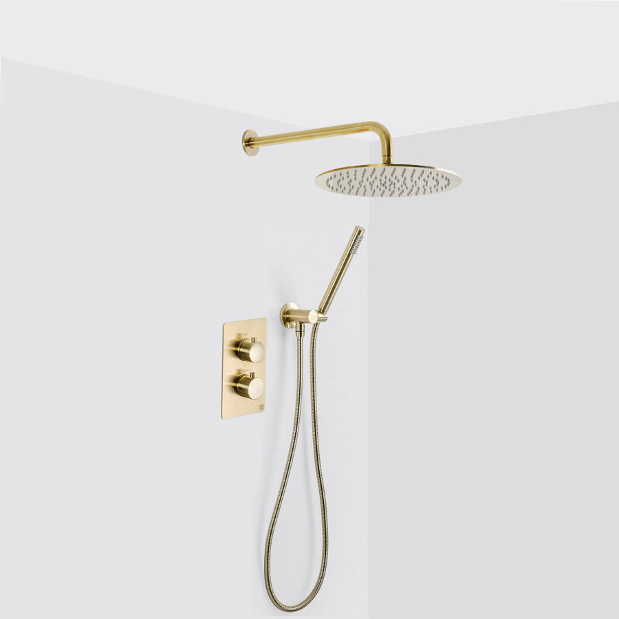 Metro 2-3 Way Thermostatic Trim Complete Shower Set - Wall Mount - 12" Brass/Satin Brass