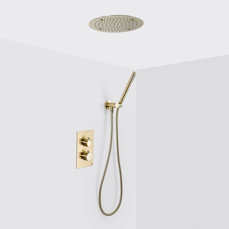 Metro 2 Way Thermostatic Complete Shower Set - Ceiling Mount - 16" Brass/Satin Brass