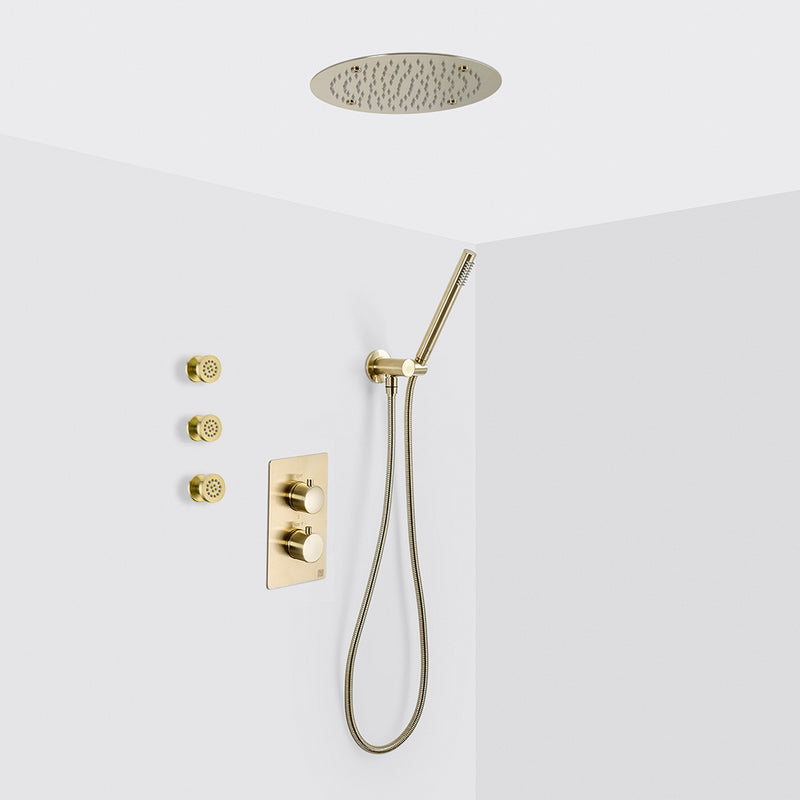 Metro 3 Way Thermostatic Complete Shower Set - Ceiling Mount - 12" Brass/Satin Brass