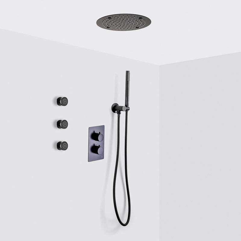 Metro 3 Way Thermostatic Complete Shower Set - Ceiling Mount - 16" Brass/Matt Black