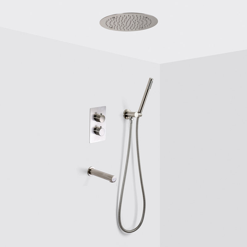 Metro 3 Way Thermostatic Complete Shower Set - Ceiling Mount - 12" Brass/Brushed Nickel