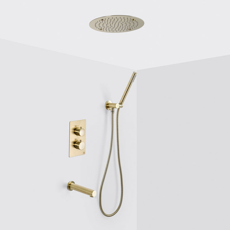 Metro 3 Way Thermostatic Complete Shower Set - Ceiling Mount - 12" Brass/Satin Brass