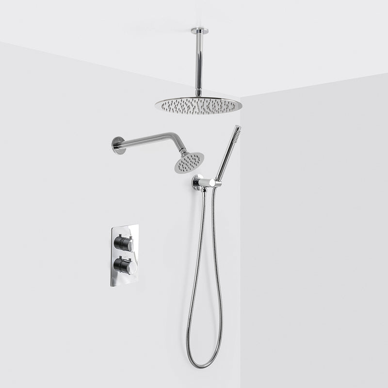 Metro 3 Way Thermostatic Complete Shower Set: 12" Ceiling & 4" Wall Mount Shower Heads with Handheld - Brass/Polished Chrome