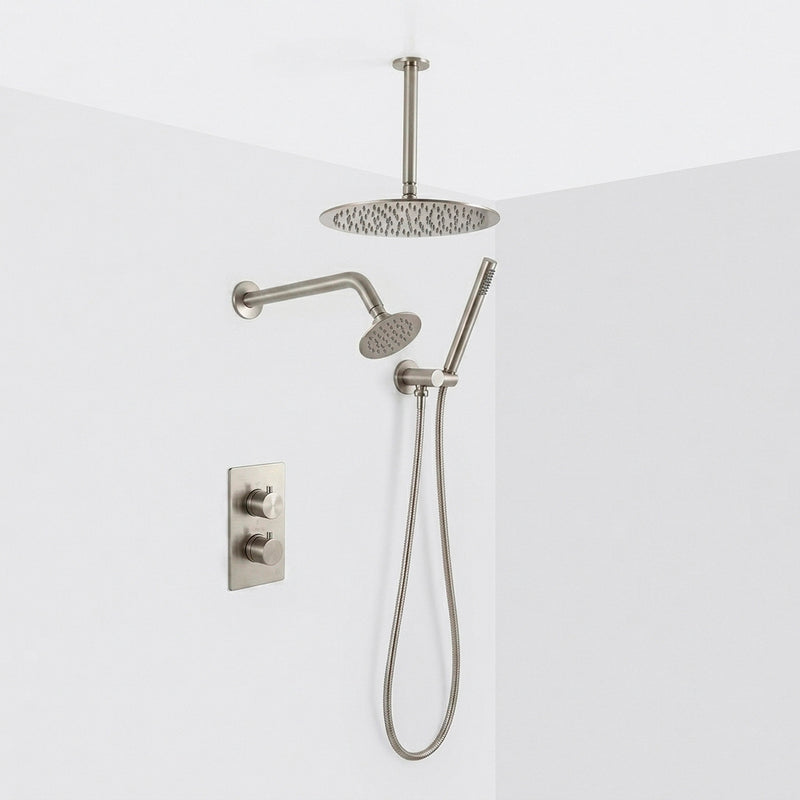 Metro 3 Way Thermostatic Complete Shower Set: 12" Ceiling & 4" Wall Mount Shower Heads with Handheld - Brass/Brushed Nickel