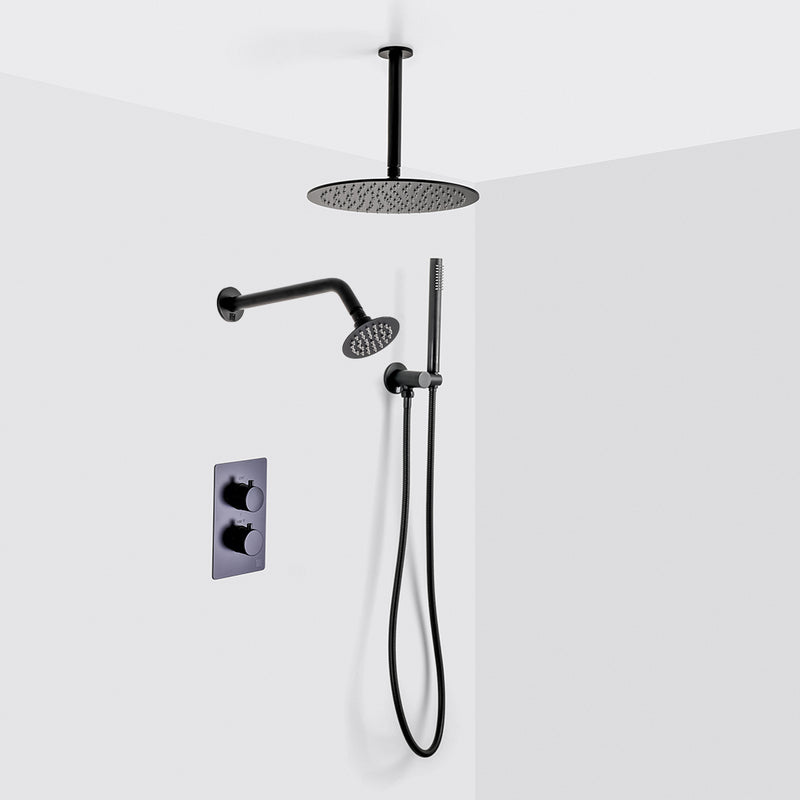 Metro 3 Way Thermostatic Complete Shower Set: 12" Ceiling & 4" Wall Mount Shower Heads with Handheld - Brass/Matt Black